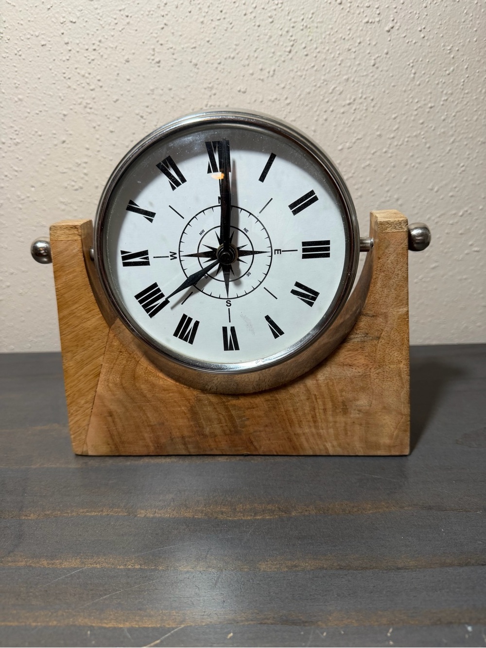 Silver and Natural Wood Table Clock with Compass